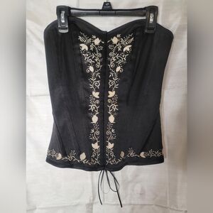Charlotte Russe Black Corset with Beige Floral Embroidery